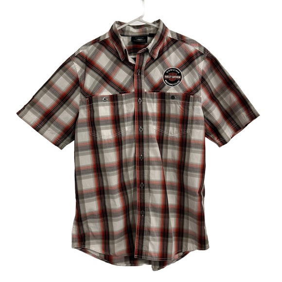 Harley-Davidson Other - Harley-Davidson Mens Plaid Short Sleeve Button Up Shirt Orange Black White Large